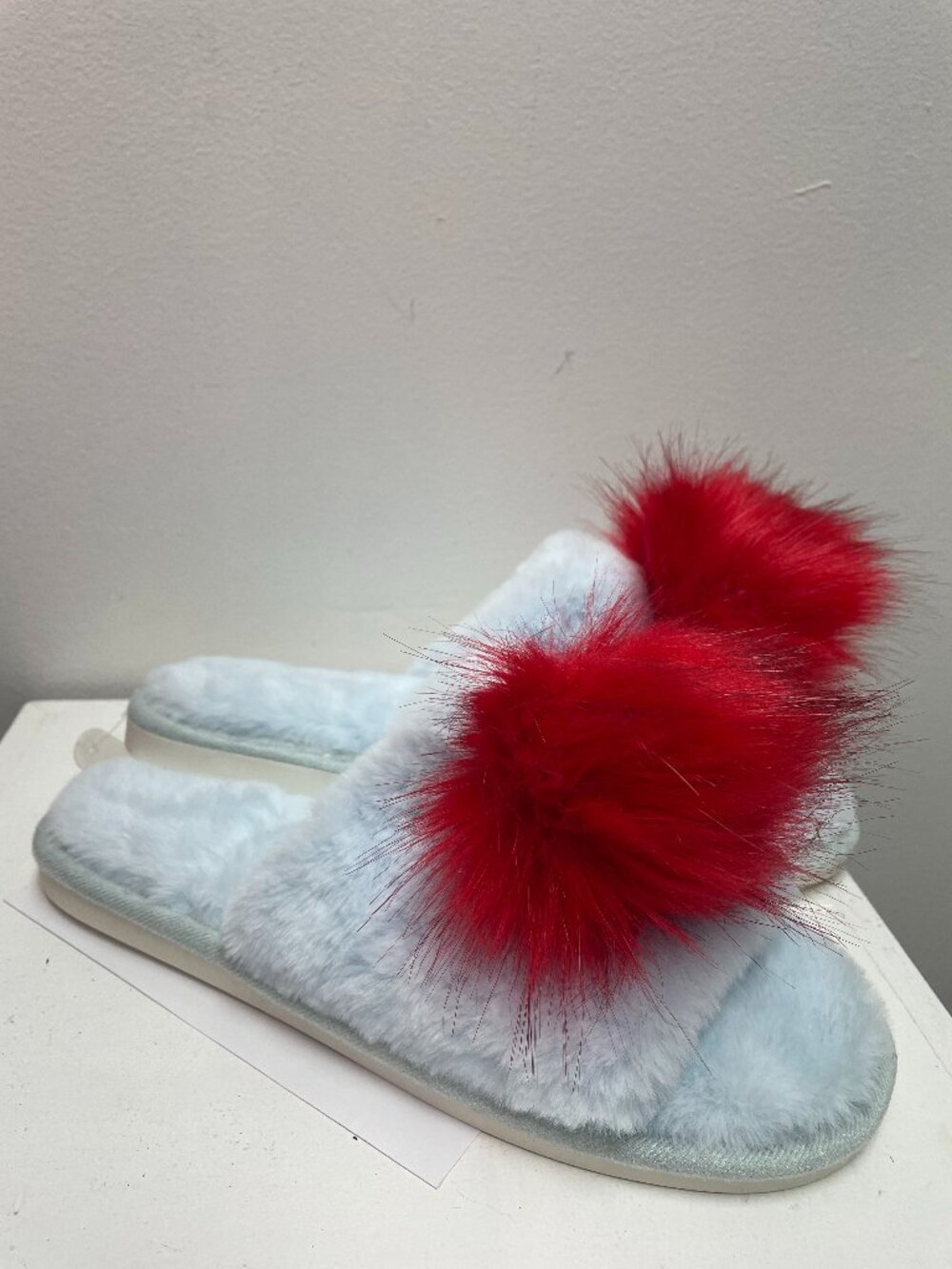 Bella Plush Light Blue Slippers with Red PomPoms